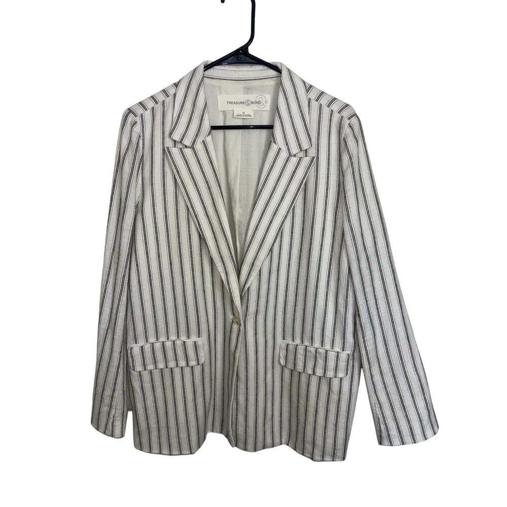 Treasure & Bond Linen Blend Ivory Striped One Button Blazer Medium